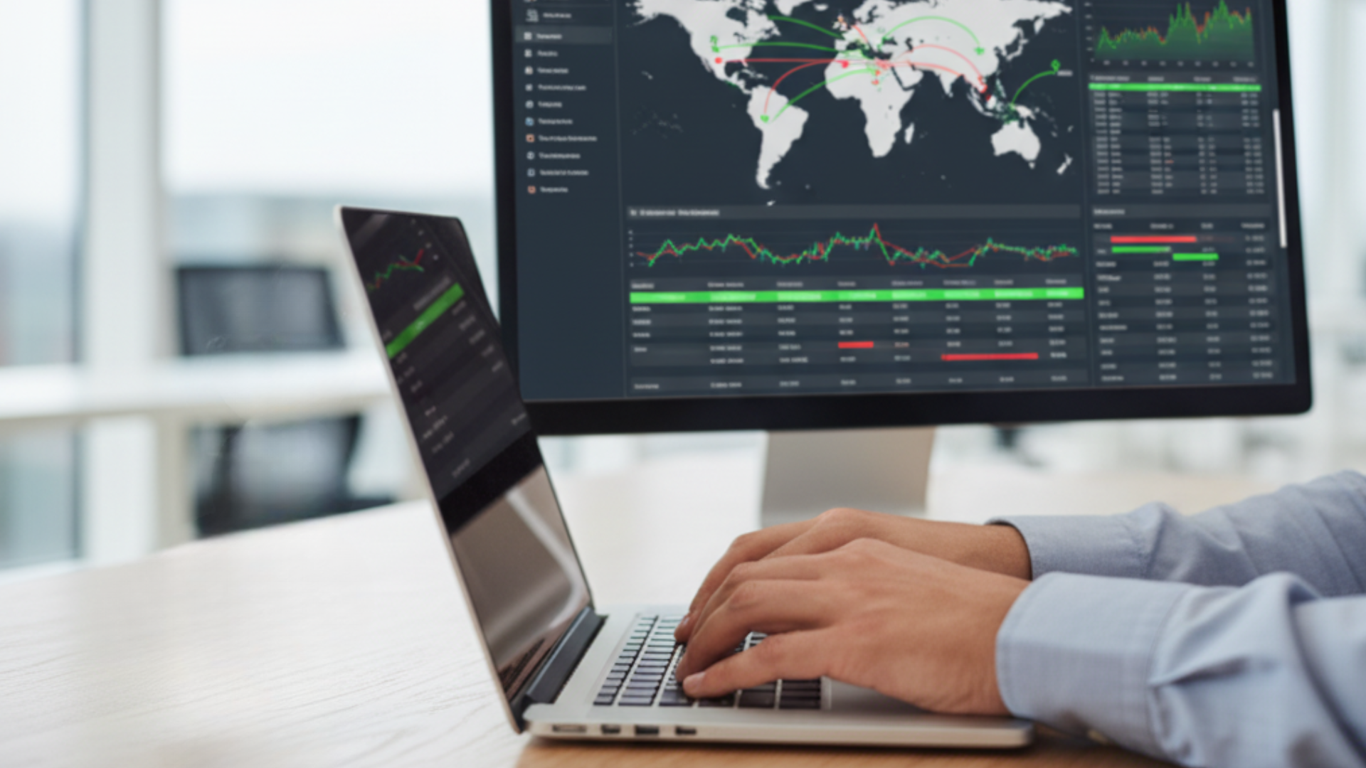 Händer framför en skärm och en laptop.